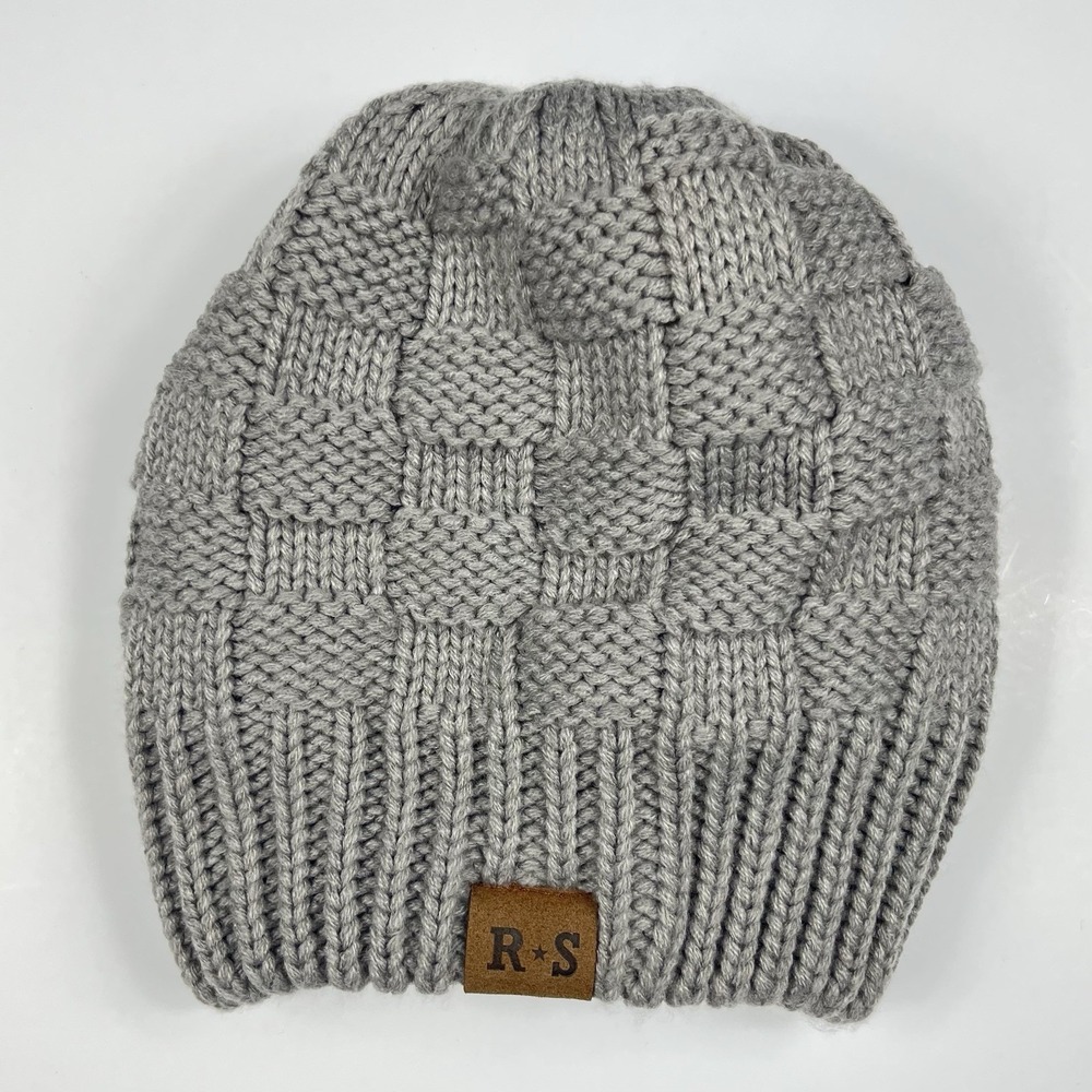 Womens Checkerboard Knit Chunky Sherpa Lined Beanie OS Gray Gorpcore Cozy Snow‎